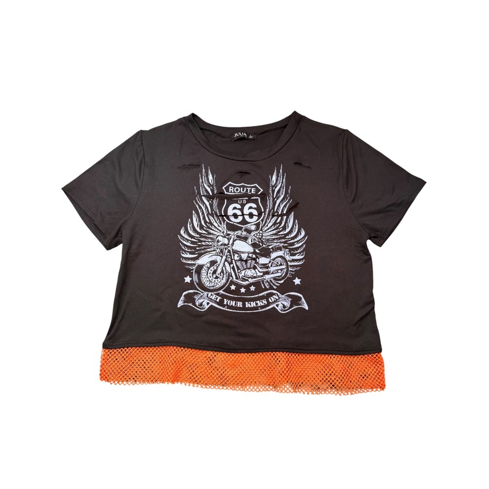 Julia by Love J Route 66 Biker Graphic Crop Top Black Orange Mesh Trim Large